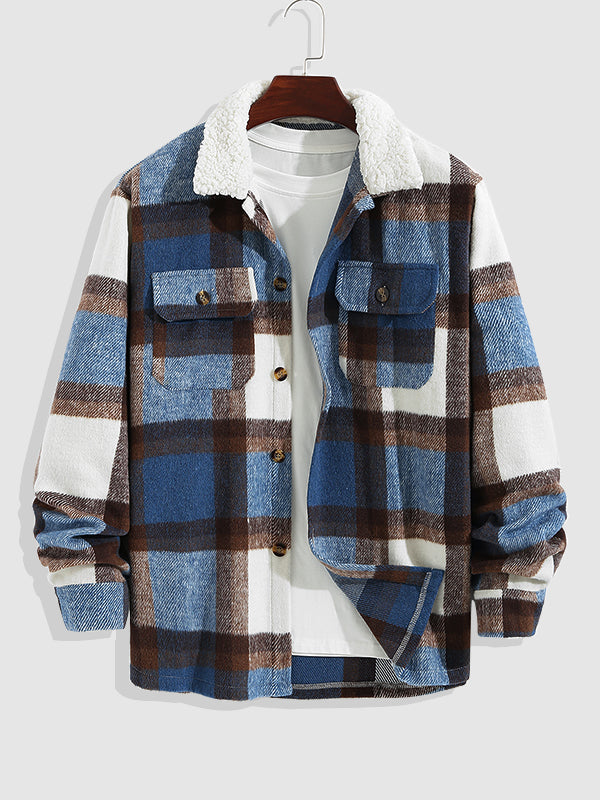 Men's Wool Blend Plaid Lapel Shirt Jacket