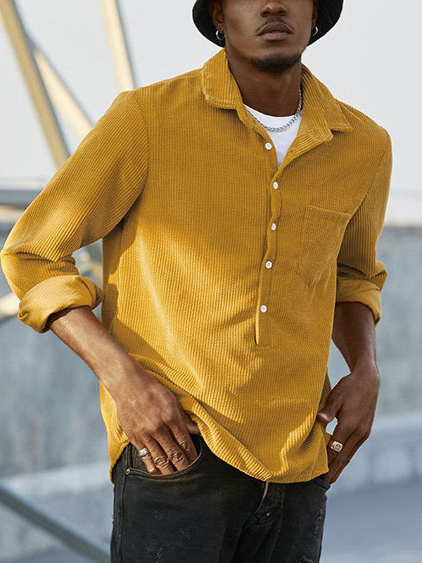 Men's Half Button Corduroy Long Sleeve Shirt-Light yellow