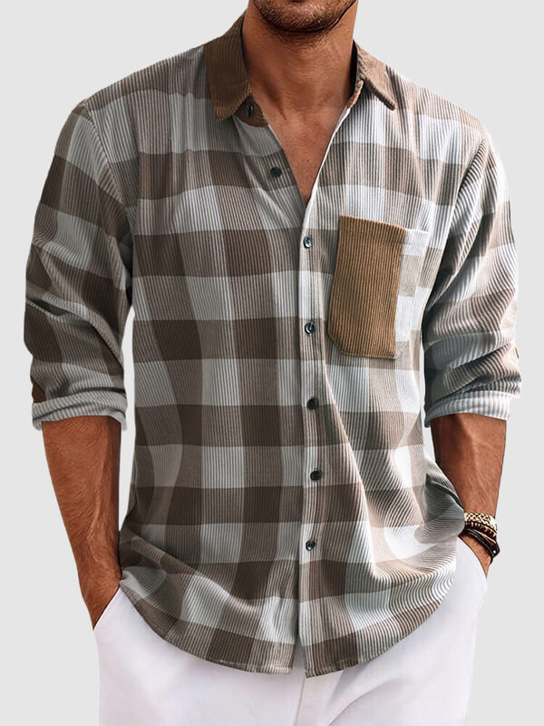 Men's vintage corduroy plaid casual long-sleeved shirt