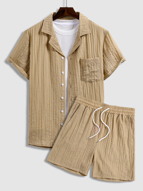 Men's Textured Cuban Collar Shirt Casual Shorts Set