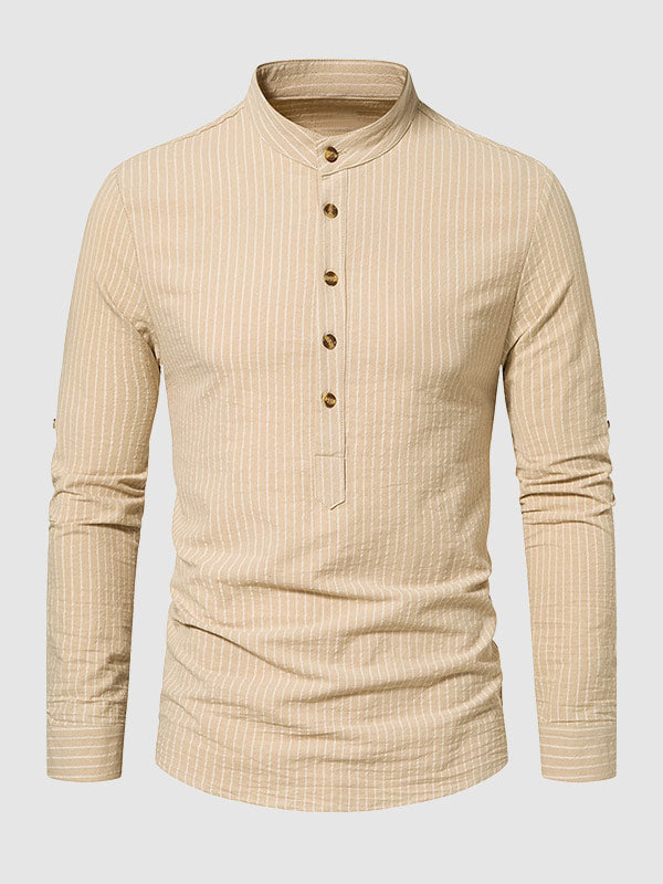 Men's cotton-linen stand collar half button striped casual long sleeve shirt