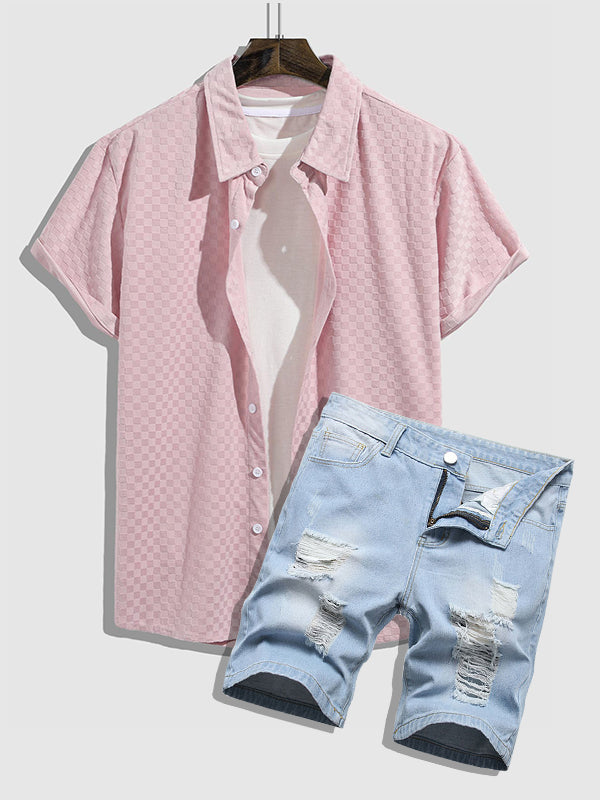 Men's checkerboard plaid casual short-sleeved shirt denim shorts set