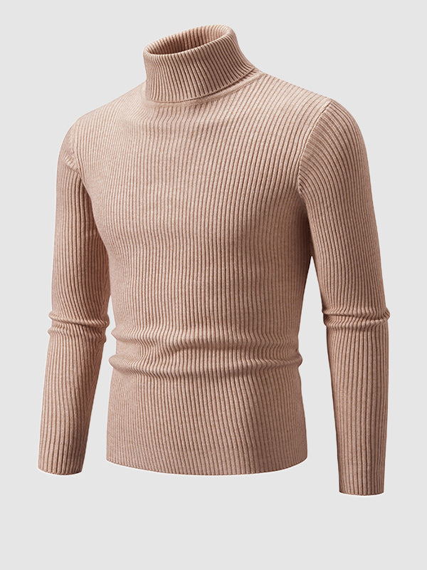 Men's Solid Color Striped Textured Turtleneck Sweater