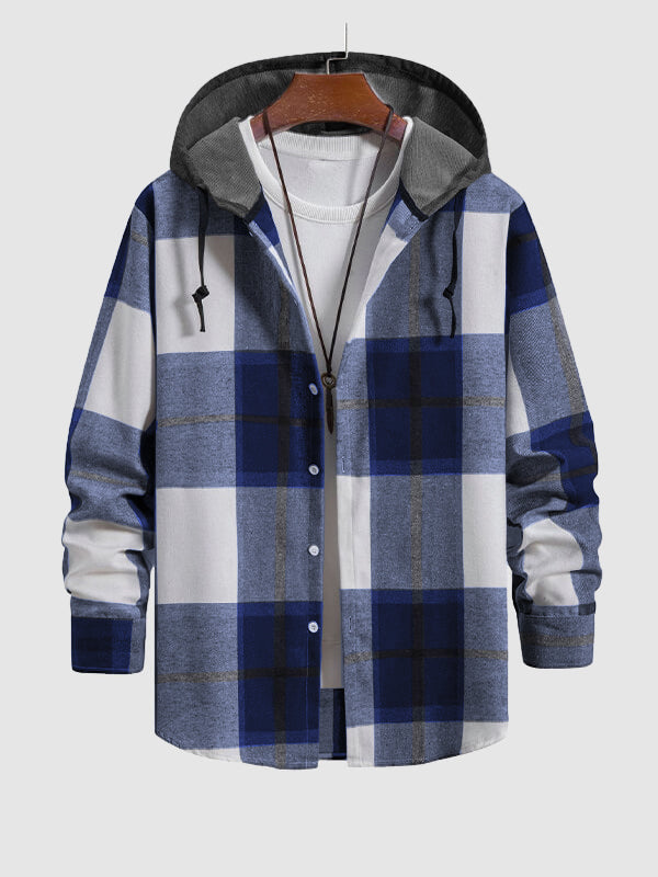 Men's Thin Plaid Button-Up Hooded Shirt