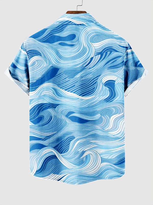 Men's Vacation Style 3D Wave Print Beach Casual Short Sleeve Shirt