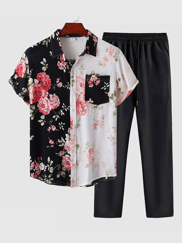 Men's Hawaiian floral patchwork short-sleeved shirt casual pants set