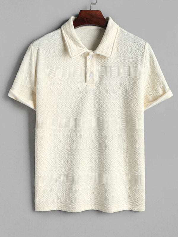 Geometric Vintage Jacquard Lapel Short-Sleeved Polo-Beige