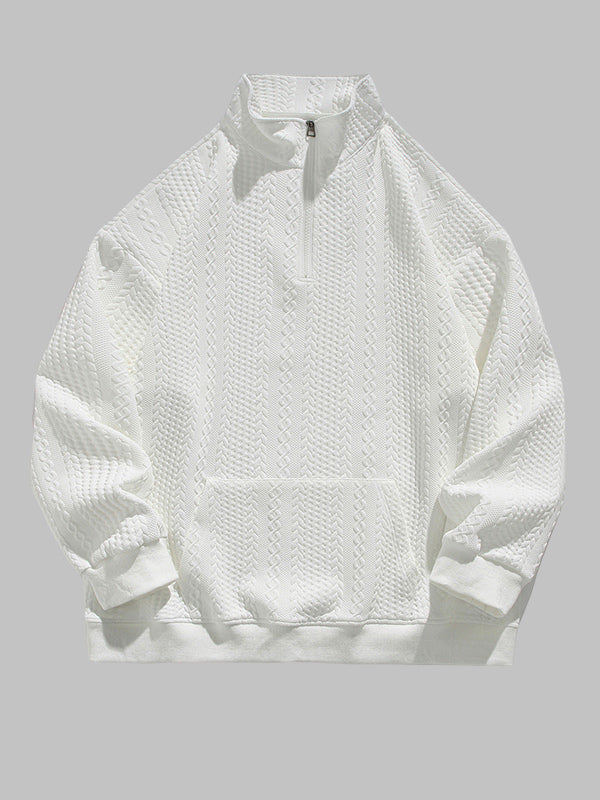 Men's Twisted Texture Quarter-Zip Stand Collar Sweater white