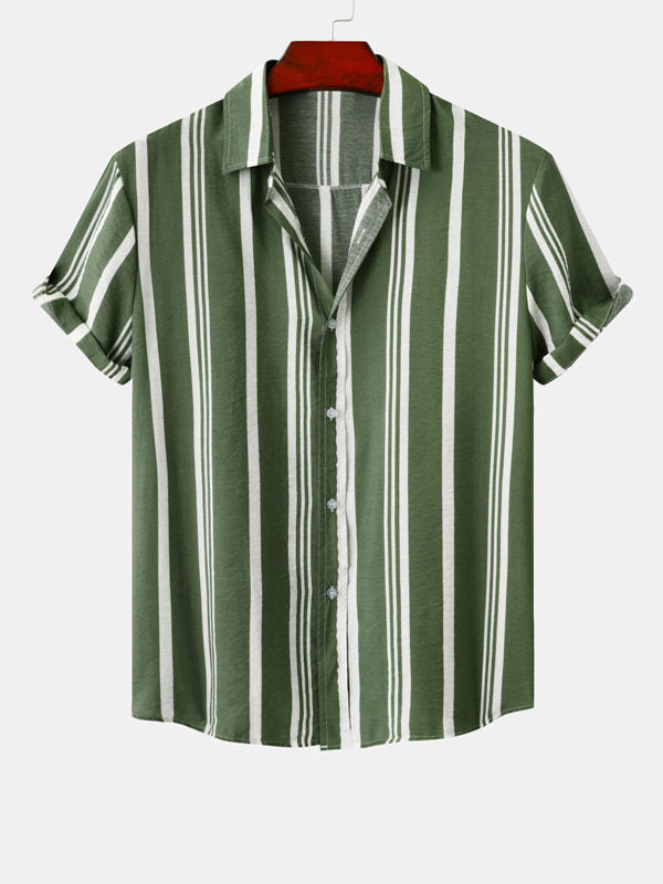 Men's Cotton Linen Stripe Short Sleeve Shirt green 