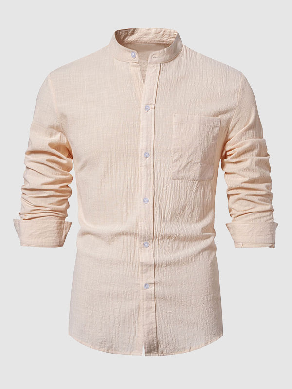 Men's cotton-linen stand collar casual long-sleeved shirt