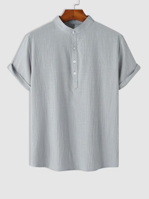 Men's Cotton Linen Textured Half Placket Short Sleeve Shirt grey