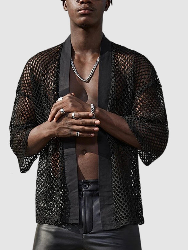 Men's hollow sexy mesh cardigan shawl shirt