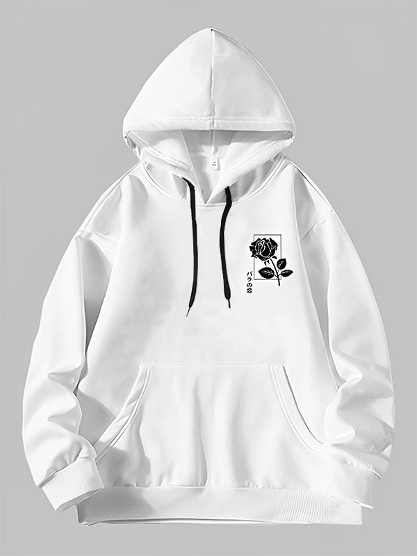 Men's Classic Rose Print Casual Hoodie white