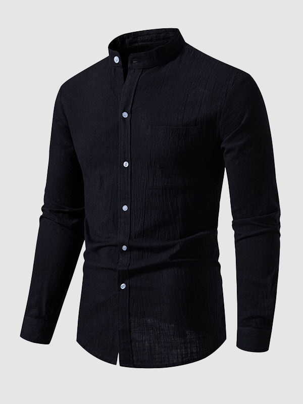 Men's cotton-linen stand collar casual long-sleeved shirt