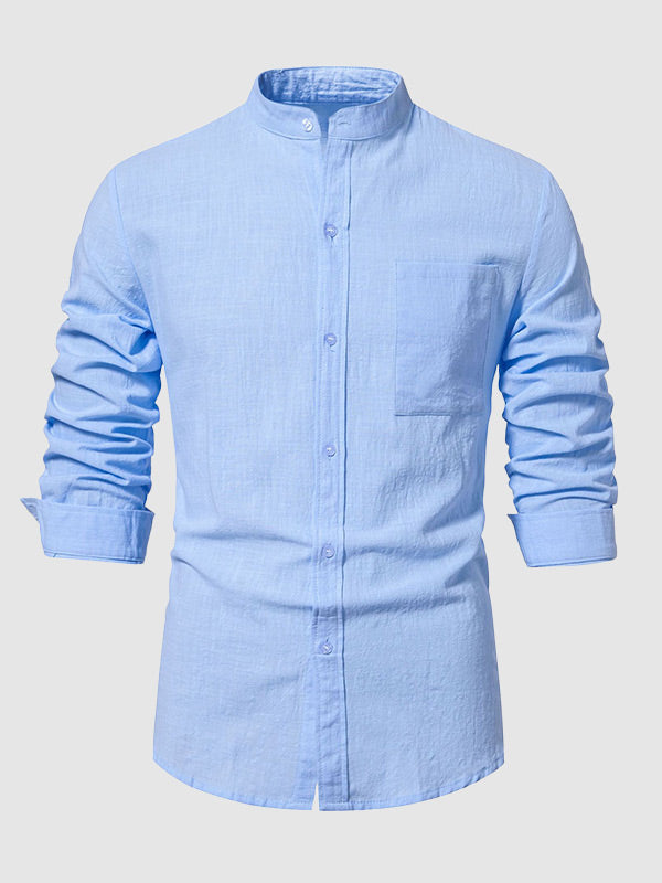 Men's cotton-linen stand collar casual long-sleeved shirt