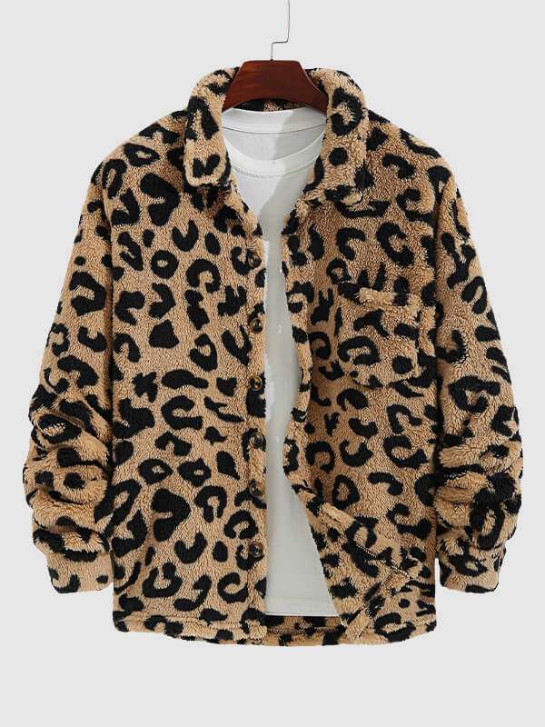 Men's Leopard Print Fleece Single Pocket Button Jacket