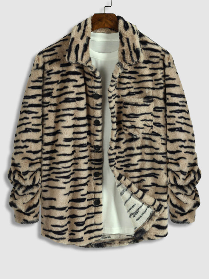 Men's Faux Fur Irregular Tiger Pattern Casual Button-up Jacket