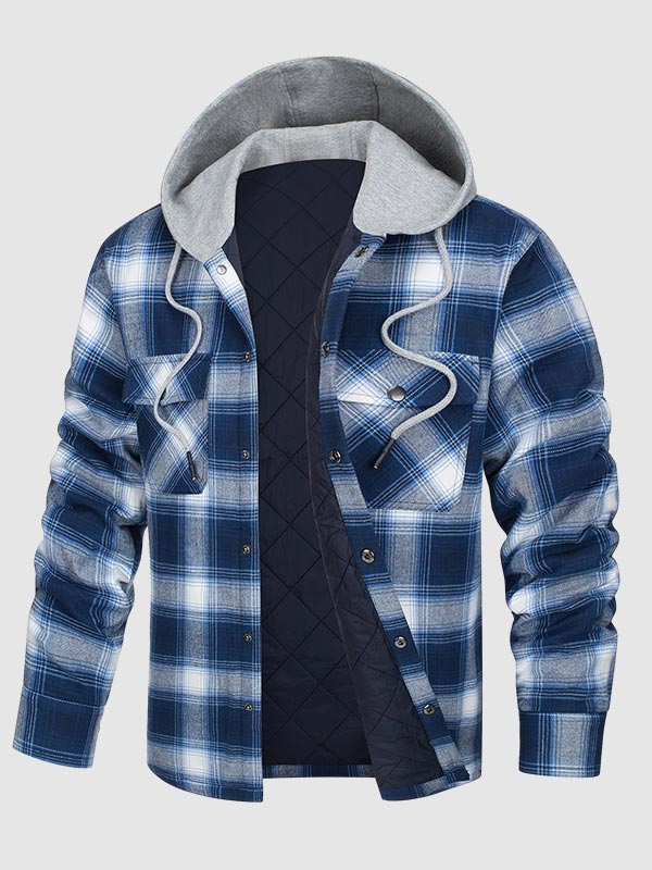 Men's hooded  plaid thickened warm button shirt jacket