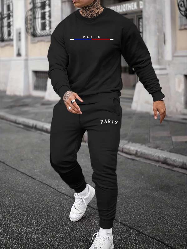 Men's "PARIS" letter print casual sports suit black