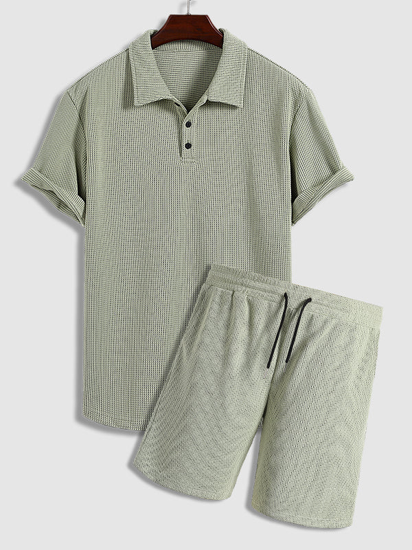 Men's solid color textured fabric casual POLO shorts set