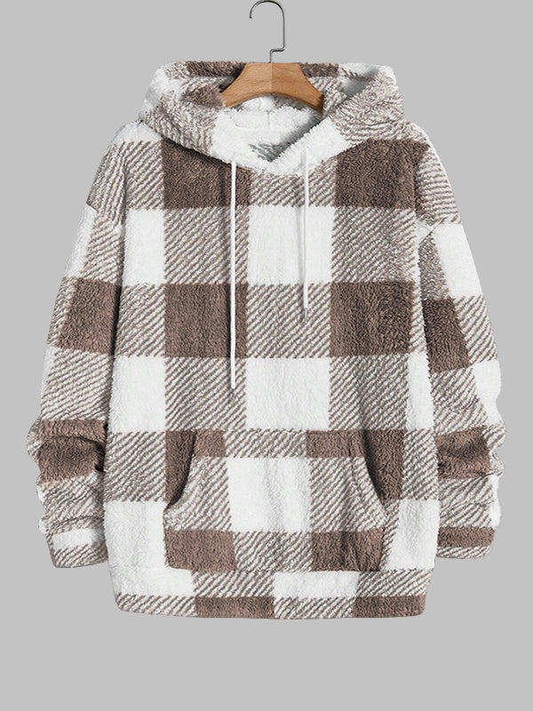 Men's Classic Plaid Fleece Hooded Pocket Sweatshirt