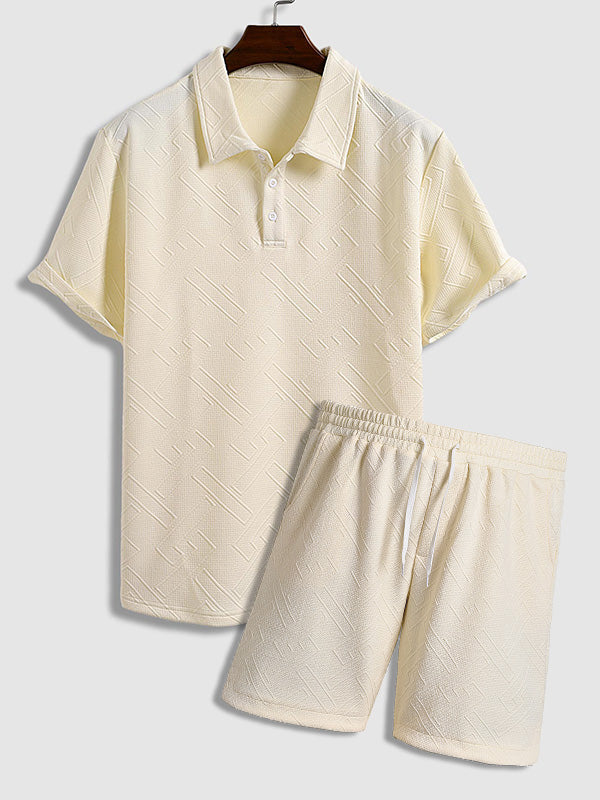 Men's geometric jacquard lapel short sleeve polo shorts set