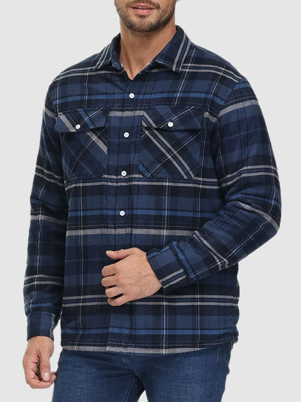 Men's Plaid Fleece-lined  Warm Double Pocket Button Jacket