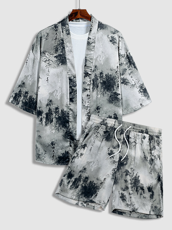 Men's Chinese Character Satin Kimono Shirt  Shorts Set