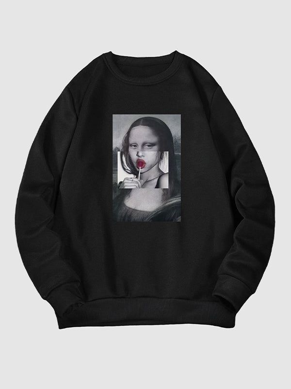 Men's Mona Lisa Pattern Print Casual Pullover Sweatshirt black