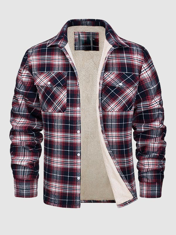 Men's Plaid Fleece-lined  Warm Double Pocket Button Jacket