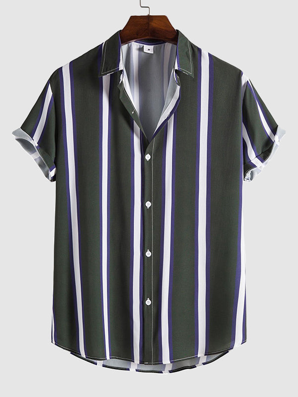 Men's Striped Print Button Casual Short Sleeve Shirt