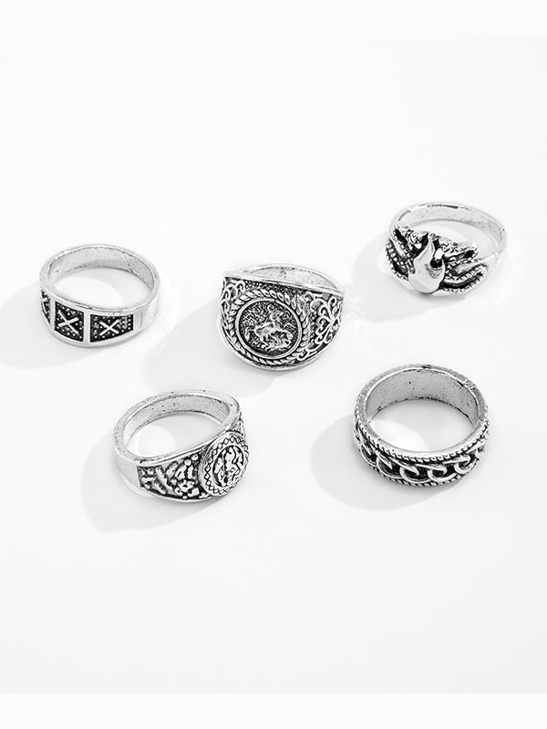 Vintage Embossed Decorative Metal Rings 5Pcs /set