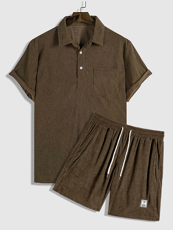 Men's Corduroy Half Button Short Sleeve Shirt Casual Shorts Set