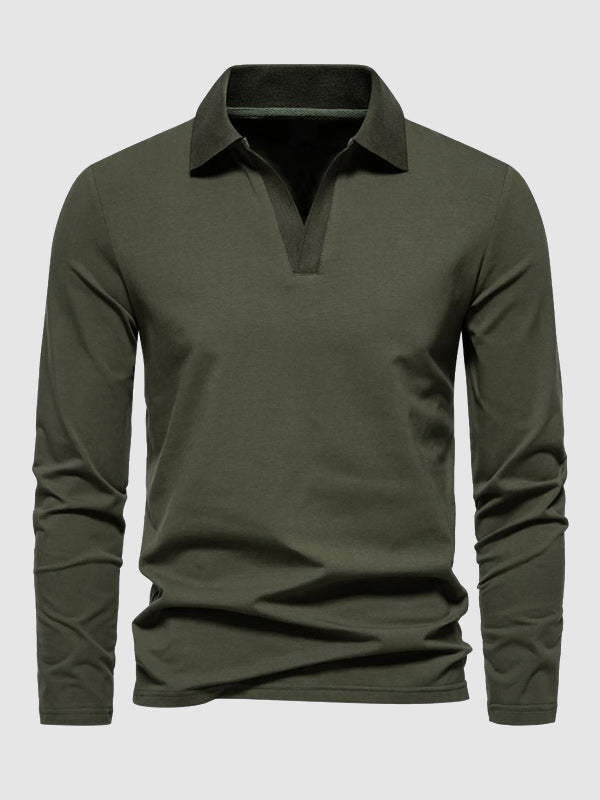 Men's Retro Solid Color V-Neck Lapel POLO Long Sleeve T-Shirt