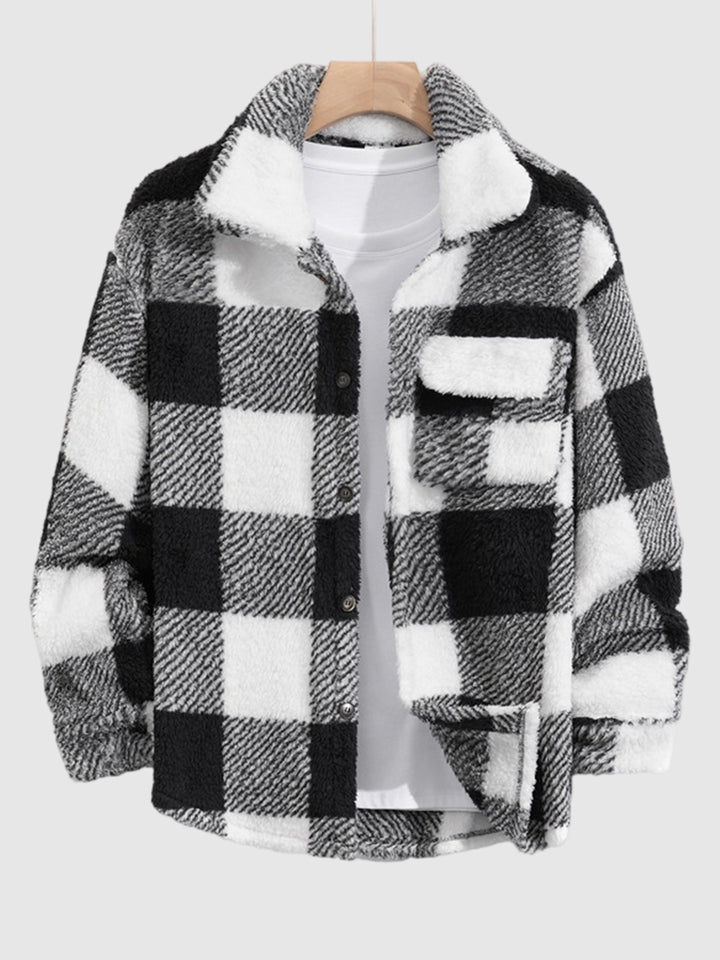 Men's Classic Plaid  Fluffy Faux Fur Single Pocket Button Lapel Jacket