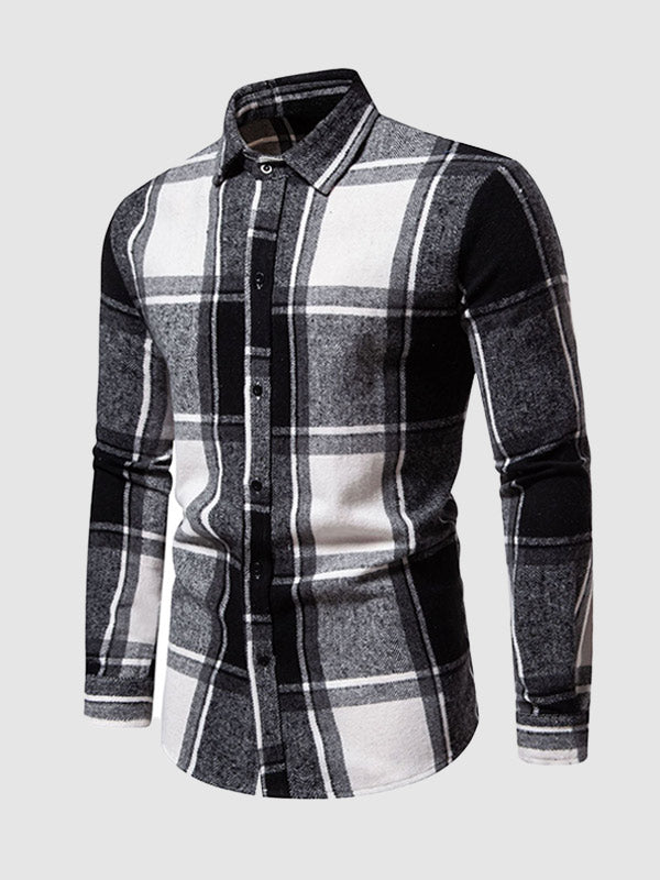 Men's Casual Check brushed  Long Sleeve Lapel Shirt