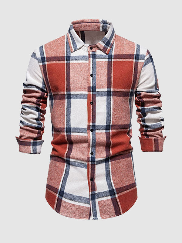 Men's Casual Check brushed  Long Sleeve Lapel Shirt