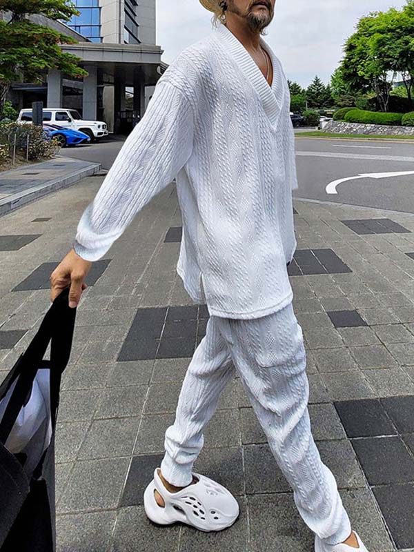 Men's textured twist knitted V-neck casual set