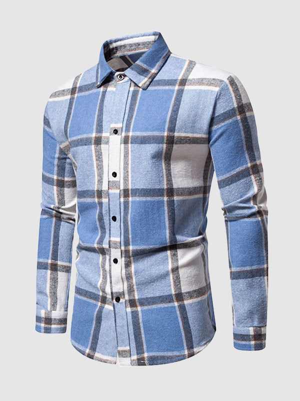 Men's Casual Check brushed  Long Sleeve Lapel Shirt