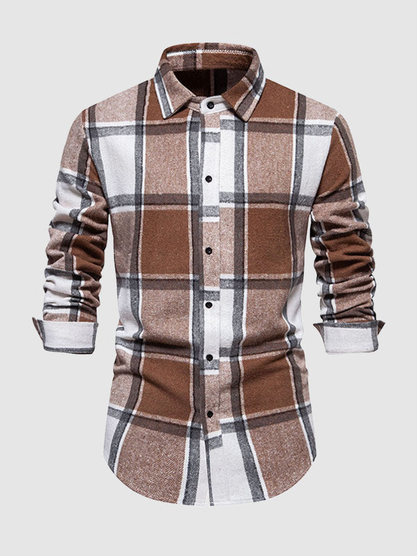 Men's Casual Check brushed  Long Sleeve Lapel Shirt