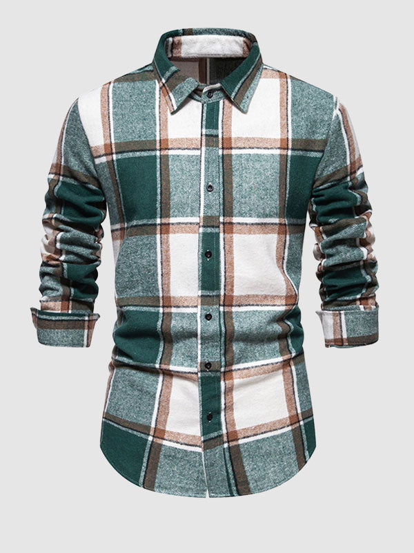 Men's Casual Check brushed  Long Sleeve Lapel Shirt