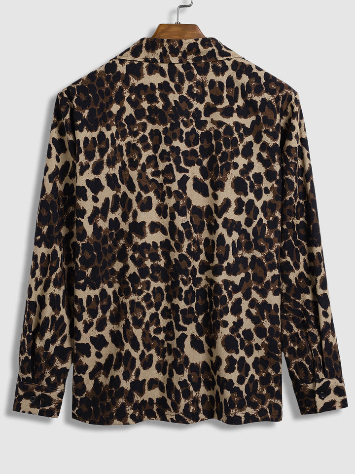 Men's Leopard  Corduroy Lapel Casual Long Sleeve Shirt