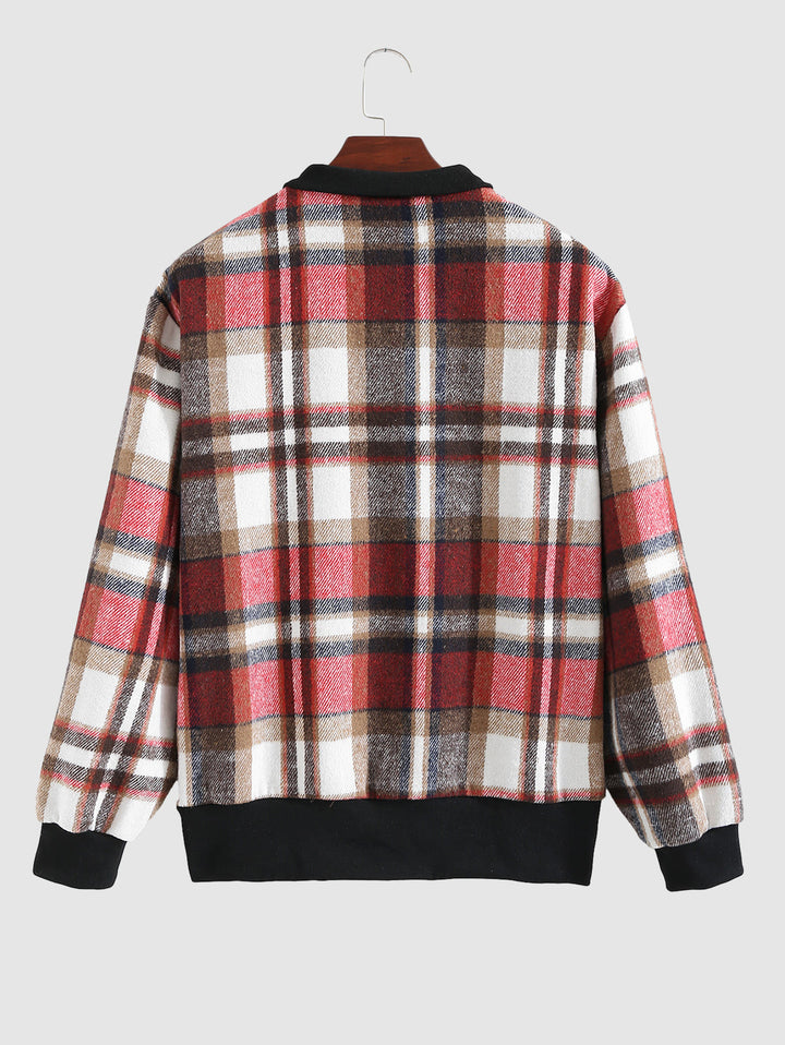 Men's Vintage Plaid Wool Blend Stand Collar Zip Sweatshirt