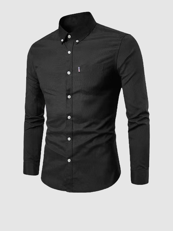 Solid Color Cotton Casual Button-Down Shirt Front Pocket Long Sleeves