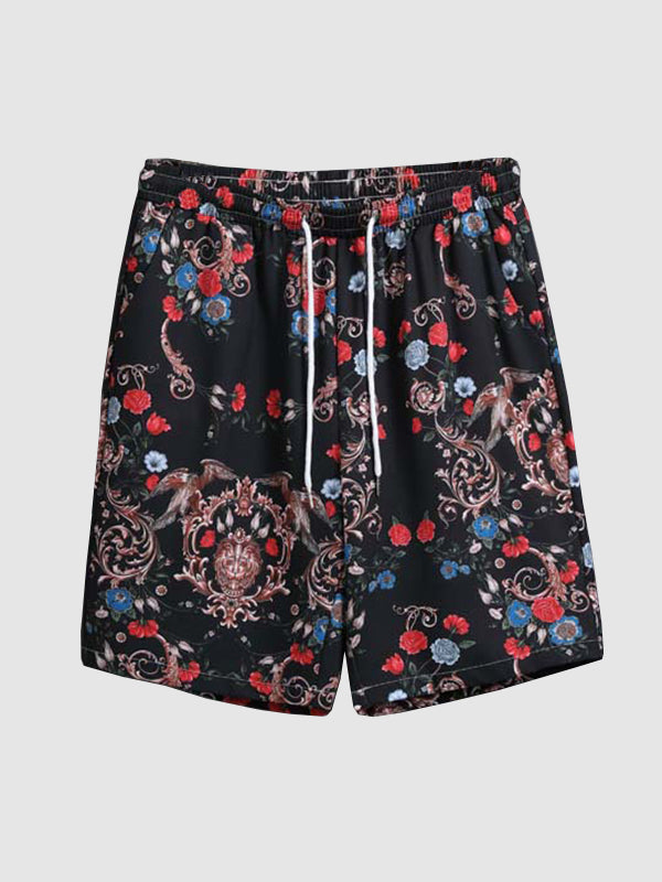 Men's Vintage Paisley Floral Print Short Sleeve Shirt Shorts Set