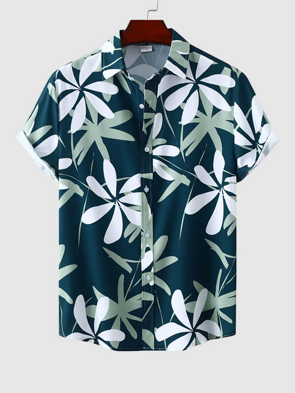 Men's Hawaiian vacation style floral print button down short sleeve shirt