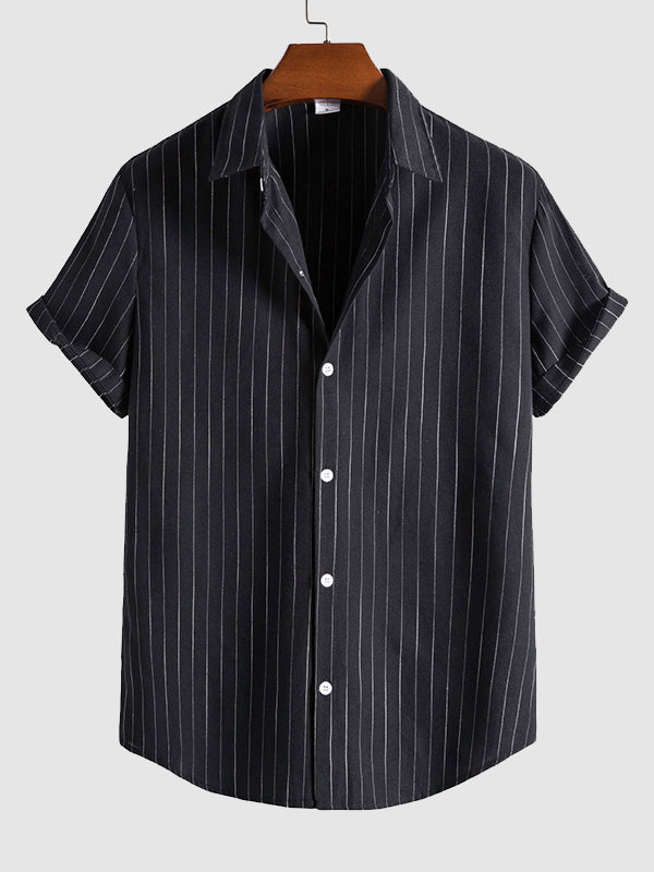 Men's Classic Striped Pocketless Button Casual Short Sleeve Shirt