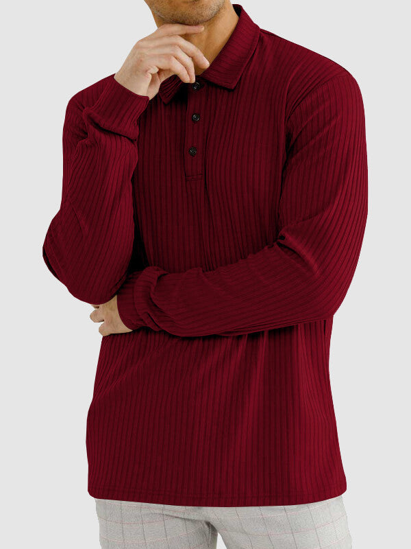 Men's solid color texture business casual POLO long-sleeved T-shirt