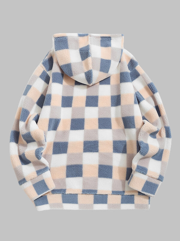 Men's Classic Plaid Fluffy Fleece Pocket Hooded Sweatshirt