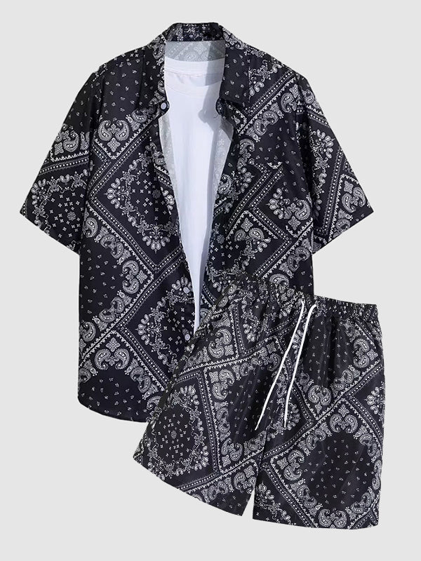 Men's Retro Paisley Print Casual Short Sleeve Shirt Shorts Set